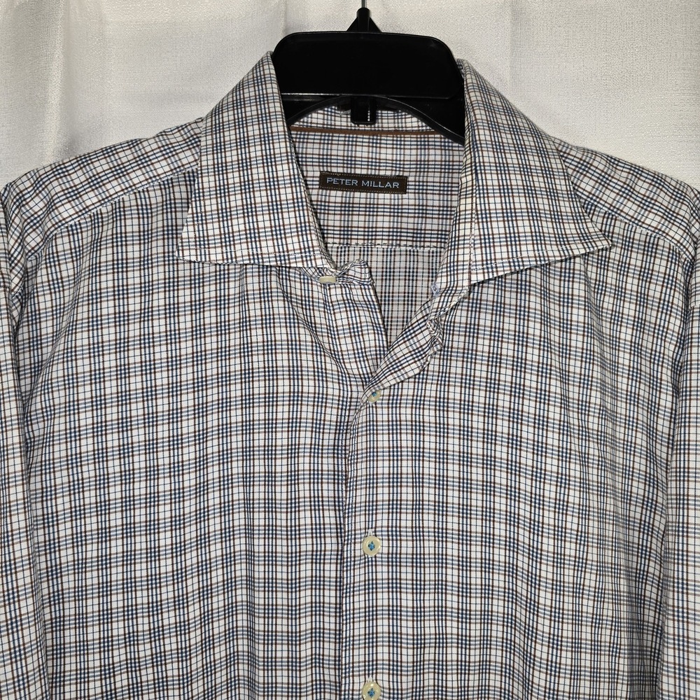 Peter Millar Long Sleeve Shirt Mens Extra Large Blue‎ Brown White Plaid Size XL